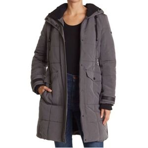 Lucky Brand Womens Quilted Hooded Long Parka Jacket Medium Gunmetal - origi $225